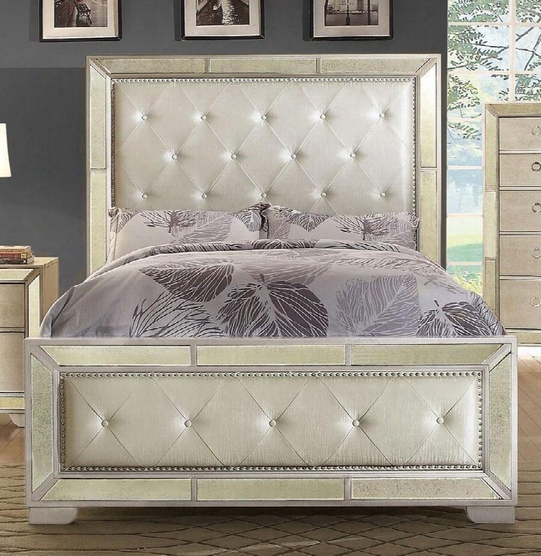 Loraine Collection Cm7195q-bed Queen Size Bed With Modern Victorian Style Leatherette Upholstery Antique Mirror Panels And Wood Veneers Construction In