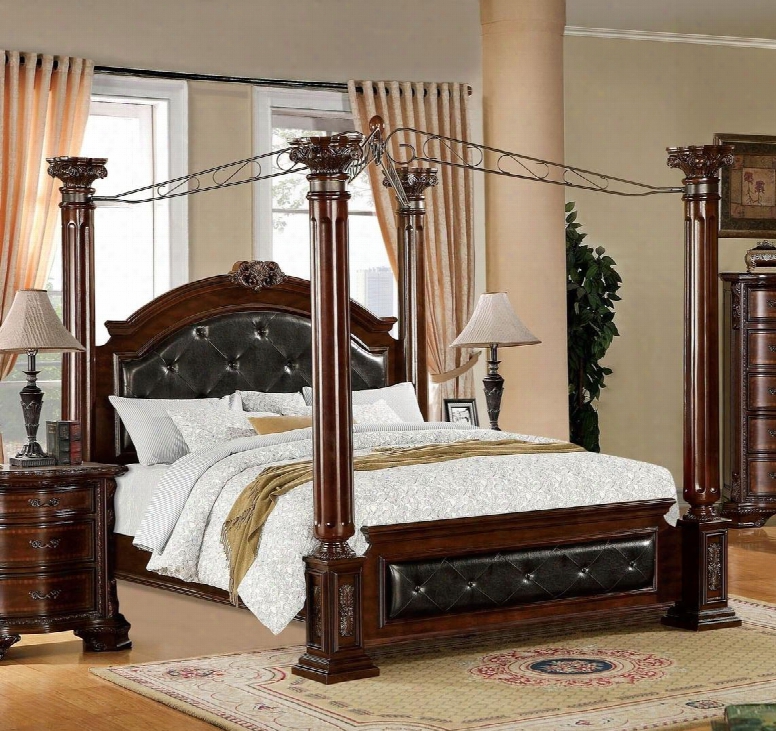 Mandalay Collection Cm7271q-bed Queen Size Poster Canopy Bed With Baroque Style Leatherette Upholstery Solid Wood And Wood Veneers Construction In Brown