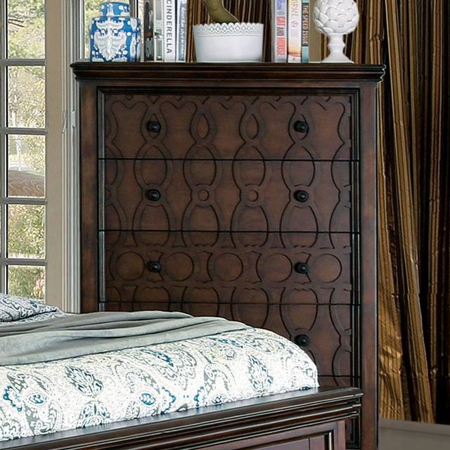 Minerva Collection Cm7839c 42" Chest With 5 Drawers Wood Inlay Design Felt Lined Top Drawer Solid Wood And Wood Veneers Construction In Walnut