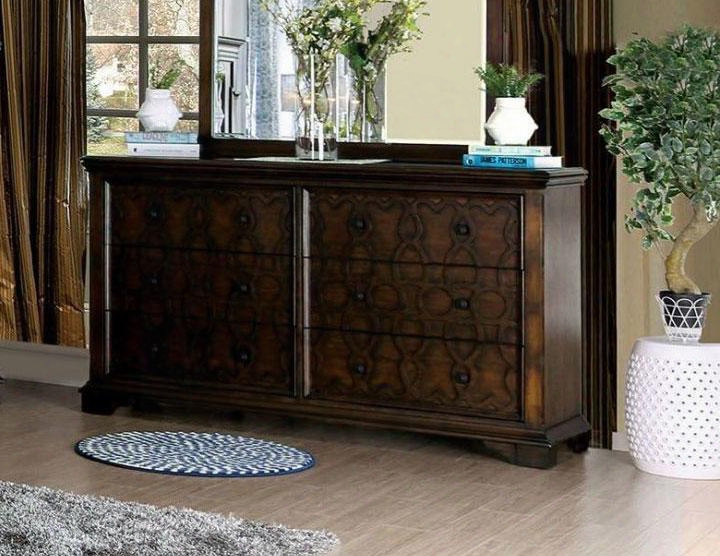 Minerva Collection Cm7839d 68" Dresser With 6 Drawers Wood Inlay Design Felt Lined Top Drawers Solid Wood And Wood Veneers Consttruction In Walnut