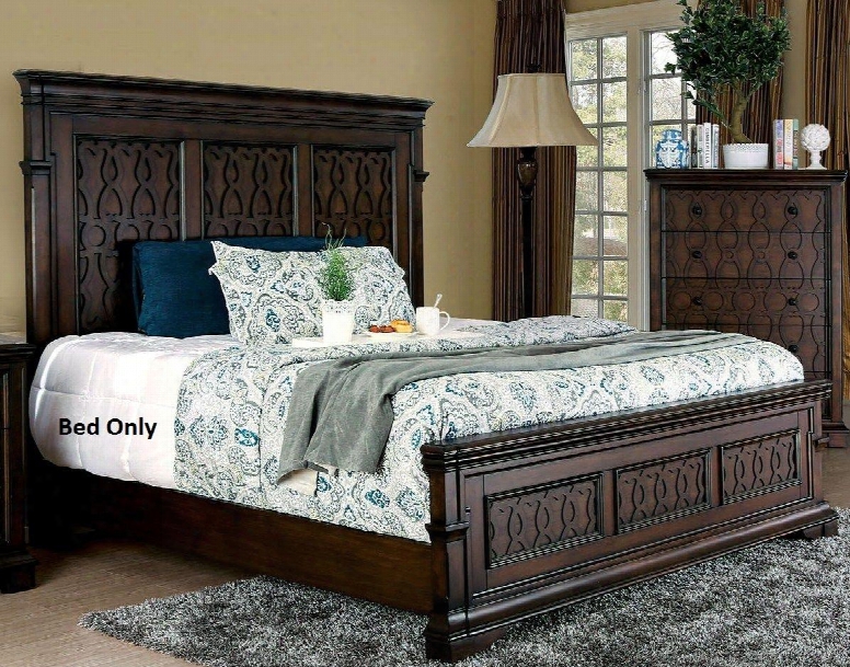 Minerva Collection Cm7839q-bed Queen Size Bed With Tall Panel Headboard Wood Inlay Design Solid Wood And Wood Veneers Construction In Walnut