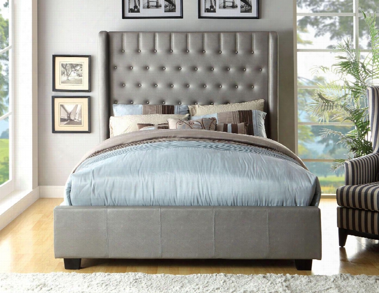 Mira Collection Cm7055q-bed Queen Size Platform Bed With Button Tufted Design Wingback Headboard Solid Wood  Construction And Leatherette Upholstery In Silver