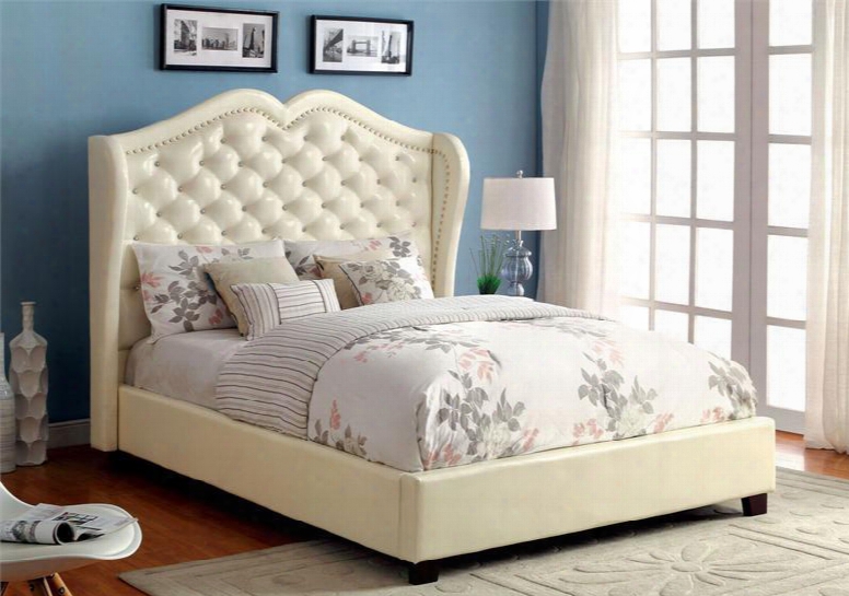 Monroe Collection Cm7016iv-q-bed Queen Size Platform Bed With Crystal-like Acrylic Buttons  Padded Leatherette Solid Wood And Wood Veneer Construction In