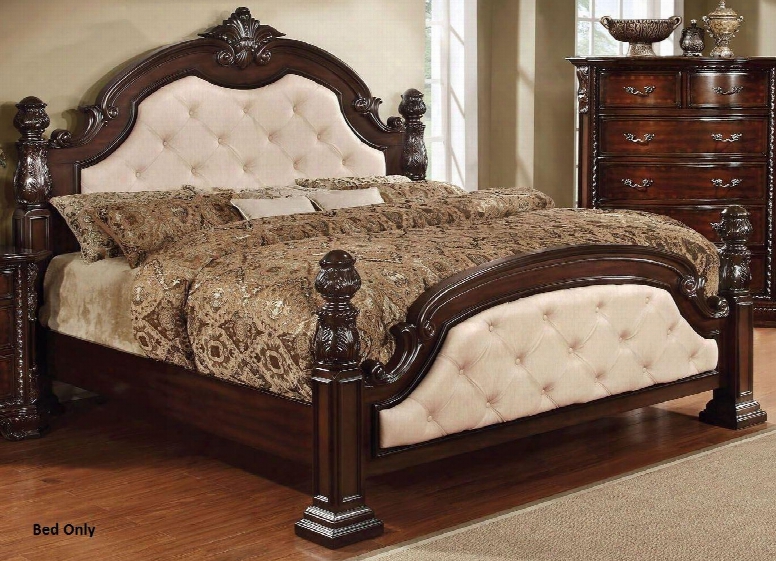 Monte Vista I Collection Cm7296la-q-bed Queen Size Poster Bed With Oval Headboard Ivory Leatherette Upholstery Solid Wood And Wood Veneers Construction In