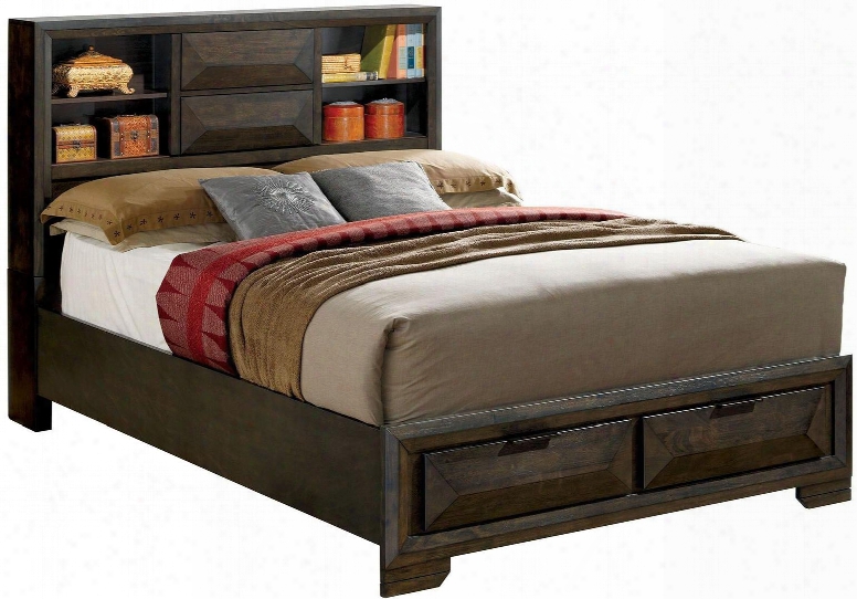 Nikomedes Collection Cm7557q-bed Queen Size Bed With Bookcase Headboard 2 Drawers In Footboard Solid Wood And Wood Veneers Construction In Espresso