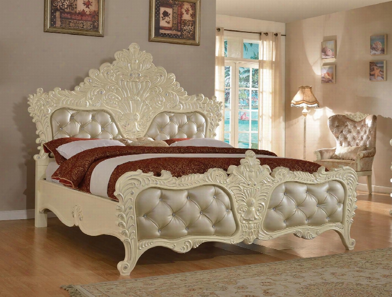 Novara Collection Novara-q Queen Bed With Elegant French Provincial Crafted Design Crystal Tufting And Silver Accents In Pearl