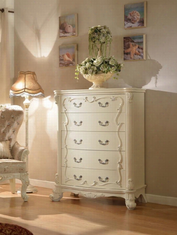 Novara Novara-ch 44" 5-drawer Chest With Elegant French Provincial Crafted Design Decorative Hardware And Carved Pillars In Pearl