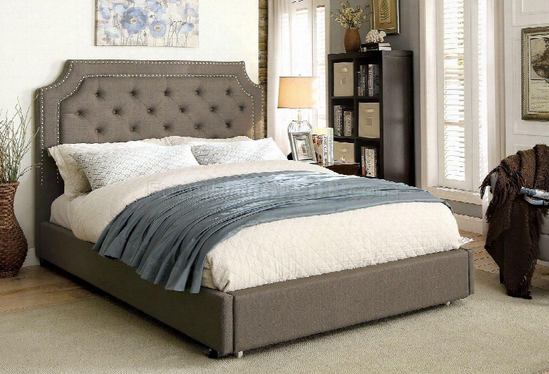 Orianna Collection Cm7674q-bed Queen Size Bed With Nailhead Trim Pull-out Footbaord Drawers Button Tufted Headboard And Padded Linen-like Fabric In Grey