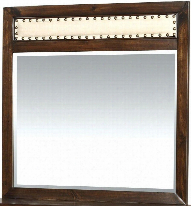 Orlaith Collection Cm7697m 40" X 40" Mirror With Nailhead Trim Linen-like Fabric Grid Solid Wood And Wood Veneers Frame Construction In Walnut