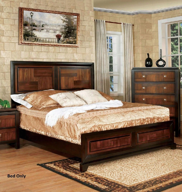 Patra Collection Cm7152q-bed Queen Size Panel Bed With Acacia Parquet Design Solid Wood And Wood Veneers Construciton In Acacia And Walnut