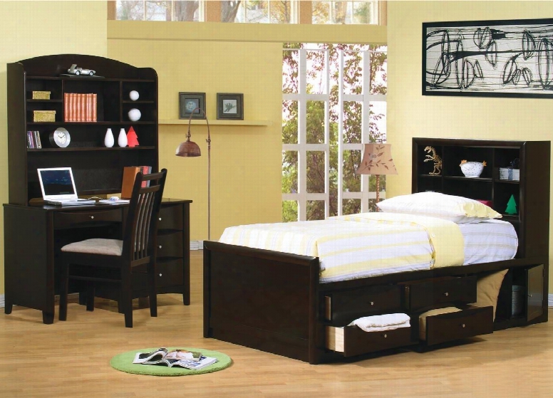 Phoenix Collection 40018f0set 4 Pc Bedroom Set With Full Size Storage Bed + Computer Desk + Hutch + Chair In Cappuccino