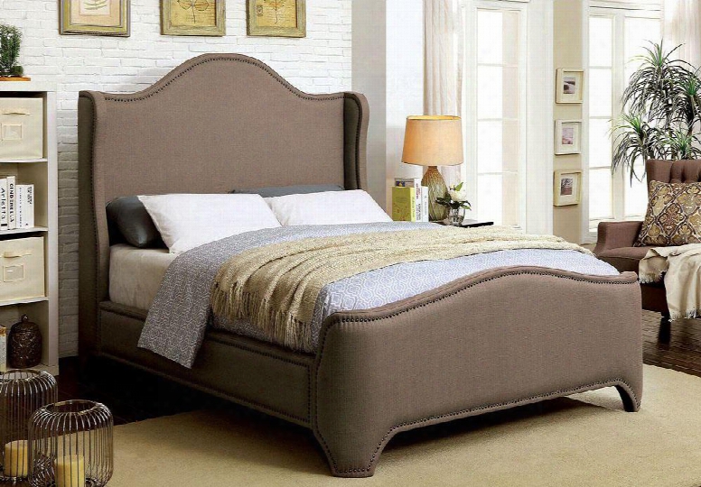 Rebecca Collection Cm7516q-bed Queen Size Bed With Wing Back Design Nailhead Trim Padded Fabric Upholstery And Solid Wood Construction In Brown