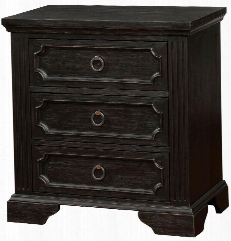 Roisin Collection Cm7578n 28" Nightstand With 3 Drawers Antique Inspired Ring Pulls Solid Wood And Wood Veneers Construction In Wire-brushed Black