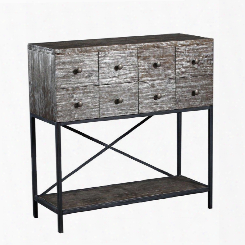 Roscoe Collection 15a2010c 37" Console Table With Iron Frame Eight Drawers And Bottom Shelf In Distressed Silver Foil