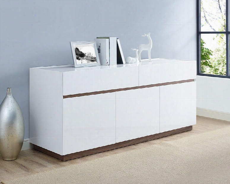 Sb1397wht Serena Buffet High Gloss White With Walnut Veneer Accent Trim And Base 2 Large Drawers And 3 Doors With Self-closing Hardware 1 Wooden Shelf