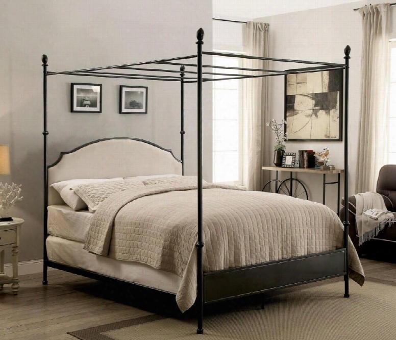 Sinead Collection Cm7420t-set Twin Size Canopy Bed With Ball Finials Padded Fabric Headboard And Powder Coated Metal Construction In Gun Metal