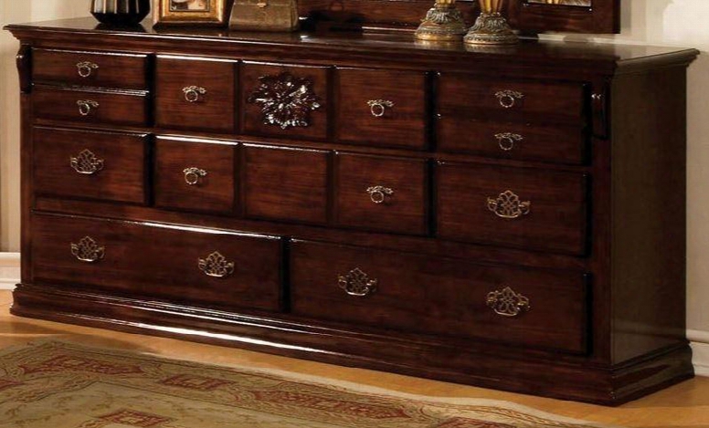 Tuscan Ii Collection Cm7571d 64" Dresser With 8 Drawers Antique Gold Handles Solid Wood And Wood Veneers Construction In Glossy Dark Pine