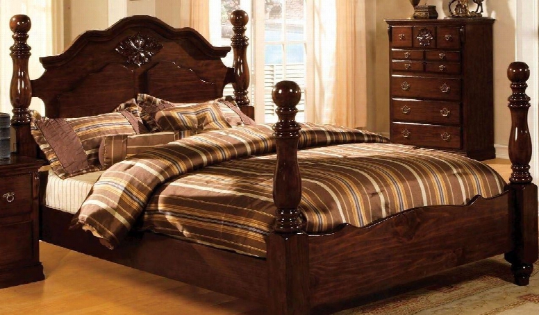 Tuscan Ii Collection Cm7571q-bed Queen Size Posster Bed With Blunt Arrow Feet Decorative Headboard Solid Wood And Wood Veneers Construction In Glossy Dark