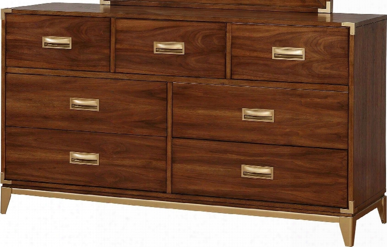 Tychus Collection Cm7559d 58" Dresser With 7 Drawers Gold Accent Drawrr Handles Felt-lined Top Drawer Ssolid Wood And Wood Veneers Construction In Dark Oak