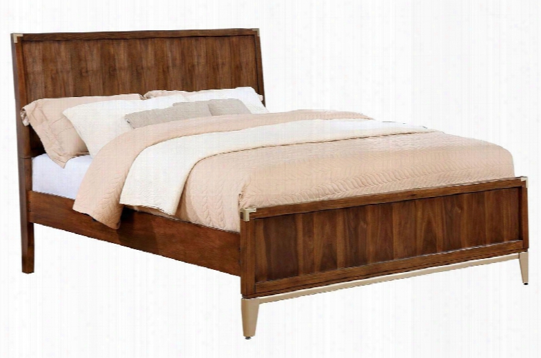 Tychus Collection Cm7559q-bed Queen Size Platform Bed With Gold Accent Corners Wooden Headboard Solid Wood And Wood Veneers Construction In Dark Oak