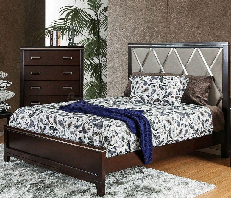 Winnifred Collection Cm7412q-bed Queen Size Bed With Diamond-tufting Tapered Legs Fabric Headboard Solid Wood And Wood Veneers Construction In Cherry