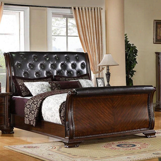 Yorkshire Collection Cm7267q-bed Queen South Size Sleigh Bed With Baroque Style Leatherette Upholstery Solid Wood And Wood Veneers Construction In Brown