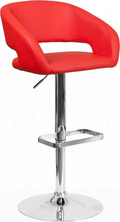 Ch-122070-red-gg 33" X 42" Adjustable Height Barstool With Gas Lift Footrest Swivel Seat Chrome Base Rounded Mid-back Design And Vinyl Upholstery In Red