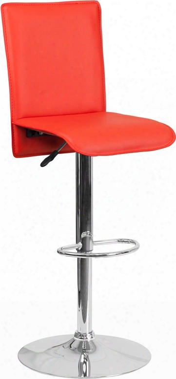 Ch-tc3-1206-red-gg 37" - 46" Barstool With Gas Lift Adjustable Height Mid-back Design Swivel Seat Footrest Waterfall Seat Chrome Base And Vinyl Upholstery