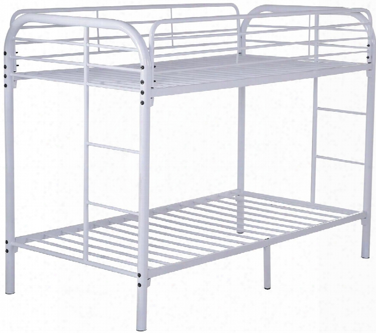 G0016-white Twin Over Twin Size Bunk Bed With Full Grids Support Legs Metal Construction And Powder Coat Finish In White