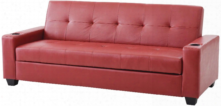 G196-s 88" Convertible Sleeper Sofa With Cup Holders Tufted Cushion Storage Underneath Seat Tapered Legs And Faux Leather Upholstery In Red