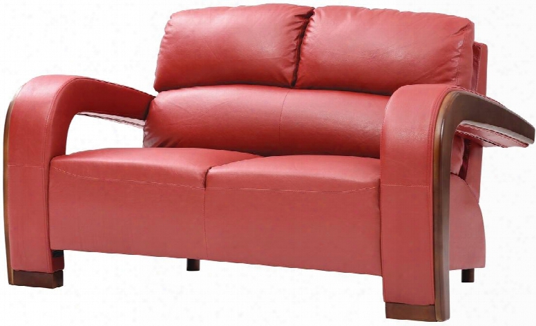 G429-l 58" Loveseat With Wood Trim On Arms Removable Arms Split Back Cushions And Faux Leather Upholstery In Red