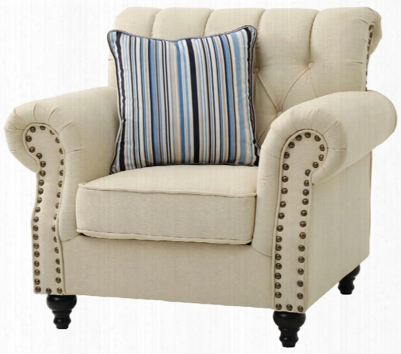 G523-c 43" Armchair With Button Tufted Back Nailhead Trim Throw Pillow Turned Wood Legs Self Welted Cushions And Fabric Upholstery In Cream