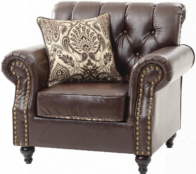 G524-c 43" Armchair With Button Tufted Back Nailhead Trim Throw Pillow Turned Wood Legs Self Welted Cushions And Bicast Faux Leather Upholstery In Dark