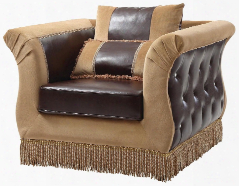 G701-c 23" Armchair With Pocketed Coil Seating Fringed Skirt Self Welted Cushion Throw Pillows Faux Leather And Fabric Upholstery In Brown And Mocha