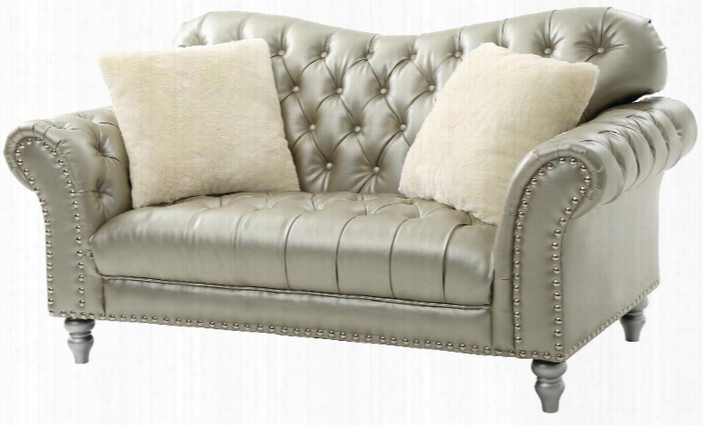 G704-l 71" Loveseat With Nailheads Painted Legs Match Nailheads Turned Legs And Faux Leather Upholstery In Silver