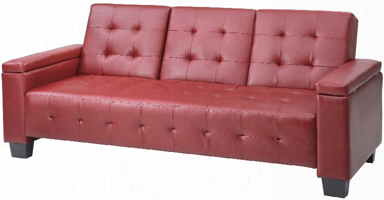 G749-s 84" Sofa Bed With Tapered Legs Drop Down Center Console Cupholders Arm Storage Tufted Details Track Arms And Faux Leather Upholstery In Red