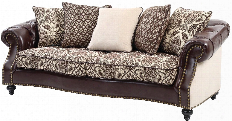 G811-s 92" Sofa  With Tufted Details Nailhead Trim Throw Pillows Turned Wood Legs Self Welted Cushions And Faux Leather Upholstery In Dark Brown