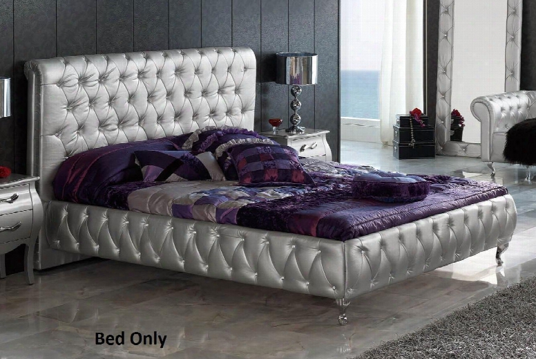 Lorena Collection I11483 King Size Bed With Crystal Tufting Folding Wooden Slat Frame And Pu Leather Upholstery In Silver