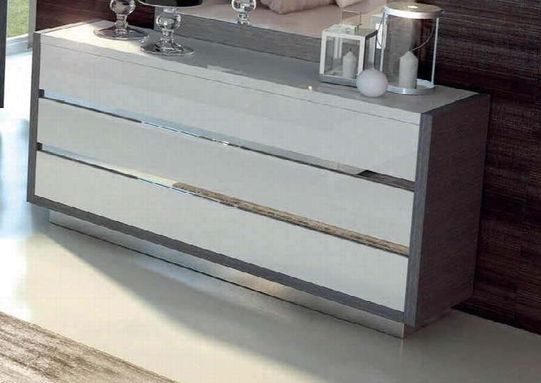 Mangano Collection I11556 65" Dresser With 3 Drawers Chrome Base Made In Italy And High Gloss Veneers In White