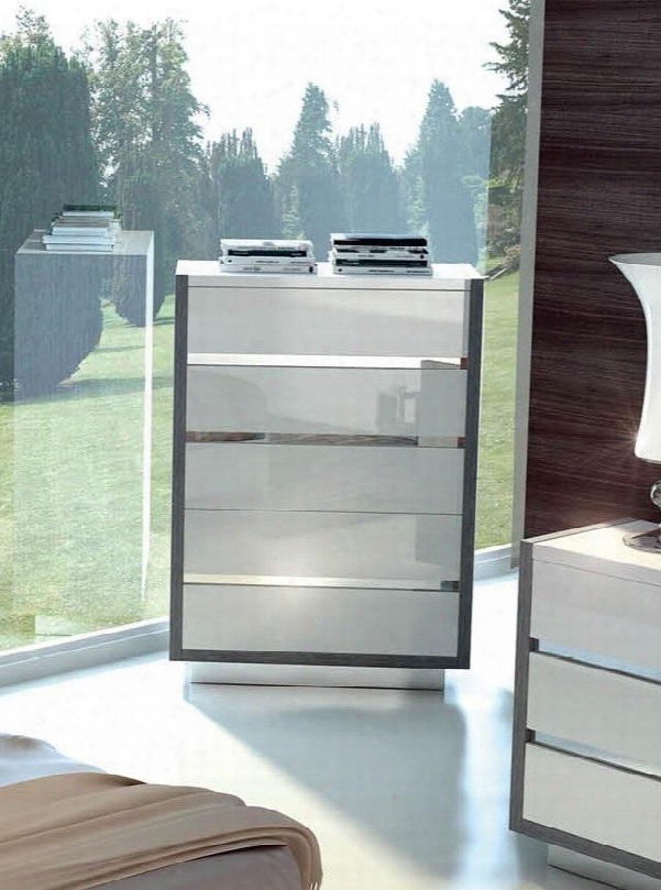 Mangano Collection I11558 36" Chest With 5 Drawers Chrome Base Made In Italy And High Gloss Veneers In White