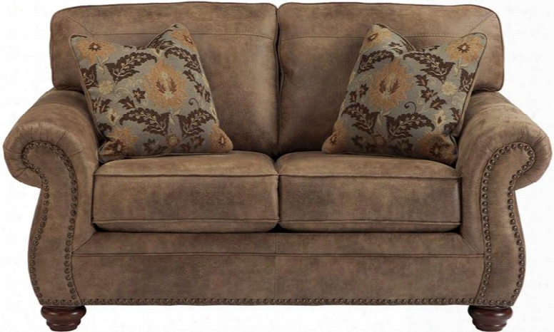 Signature Design By Ashley Larkinhurst Fsd-3199ls-ert-gg 66" Loveseat With Nailhead Trim Toss Pillows Loose Seat Cushions  And Faux Leather Upholstery In