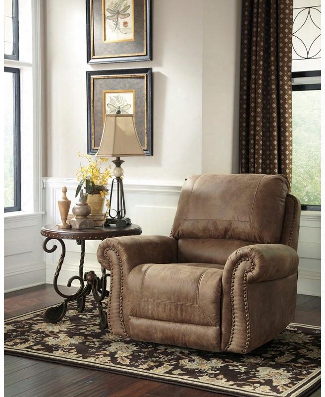 Signature Design By Ashley Larkinhurst Fsd-3199so-ert-gg 43" Rocker Recliner With Nailhead Trim Recessed Lever And Faux Leather Upholstery In Earth