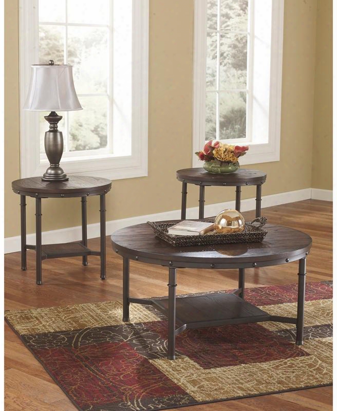 Signature Design By Ashley Sandling Fsd-ts3-80rb-gg 3 Pc Occasional Table Set With Nailhead Trim Accent Bottom Shelf And Veneer Top In Rustic Brown