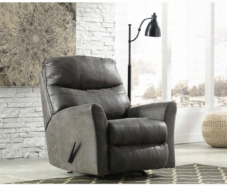 Signature Design By Ashley Tullos Fsd-8729rec-sla-gg 37" Rocker Recliner With Plush Pillow Back Flared Arms Metal Frame Lever Recliner And Faux Leather