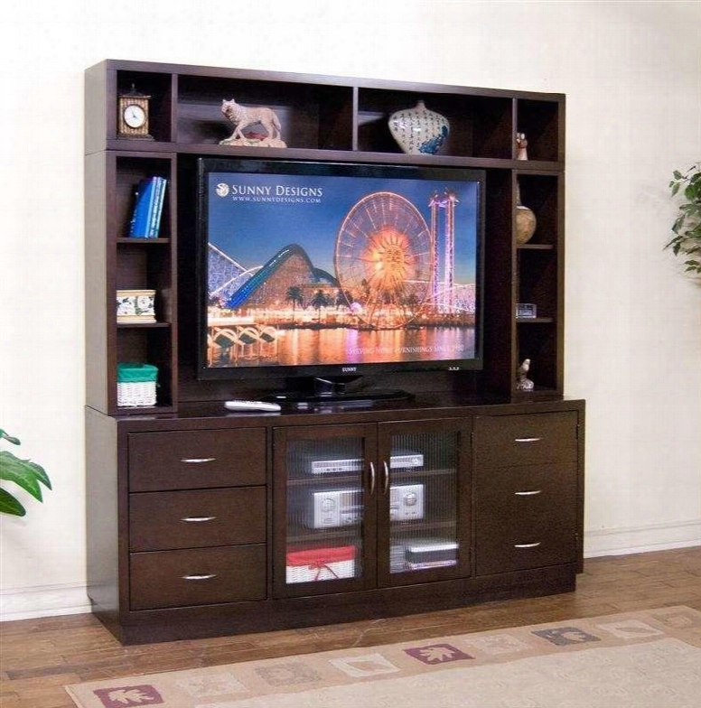 3372e 72" Tv Console & Hutch With 3 Cd/dvd Drawers 10 Shelves Around Hutch And 2 Ribbed Glass Doors In Espresso