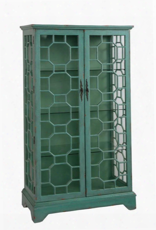 67503 38" Curio Cabinet With 2 Glass Doors Geometric Design And 3 Glass Shelves In Bayberry