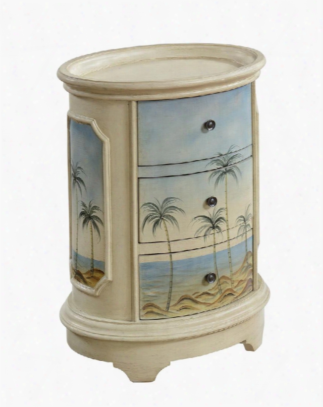 70743 21" Chairside Chest With Three Bow Front Drawers Hand-painted Tropical Scenes And Bracket Feet In Olosega Ivory Sea