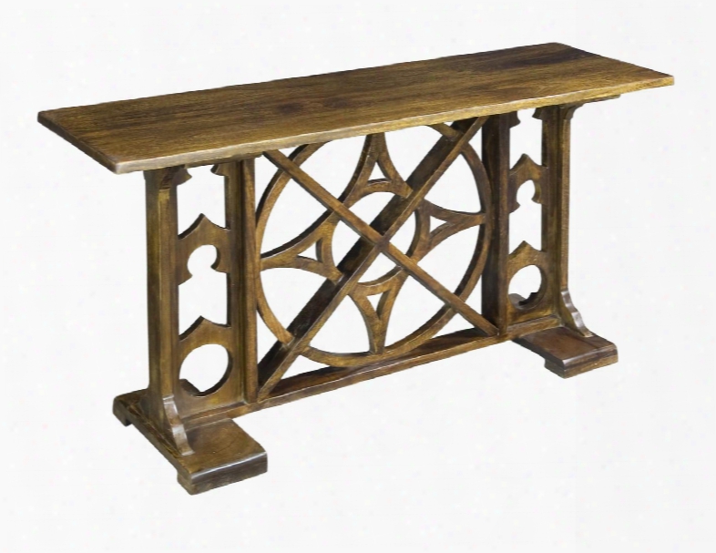 75323 59" Console Table With Carved Gothic Base Stretchers And Block Feet In Monterey Dark