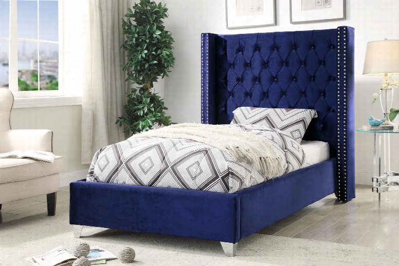 Aiden Collection Aidennavy-t 81" Twin Size Bed With Velvet Upholstery Chrome Nailheads Wing Design And Contemporary Style In