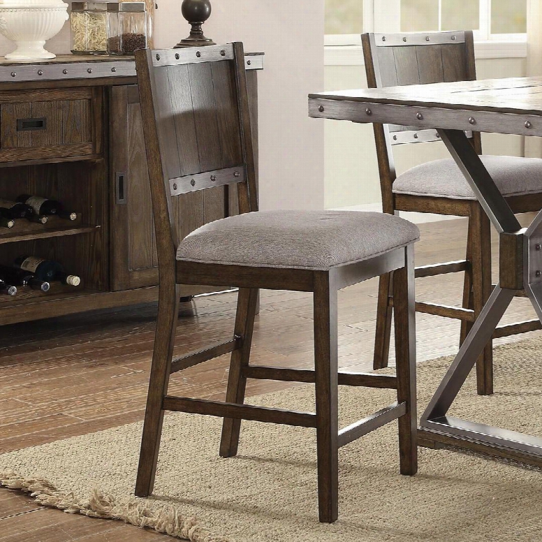 Beckett Collection 107019 40" Counter Height Stool With Metal Rivets Beige Fabric Upholstery Wood And Metal Construction In Dark Ash Wood